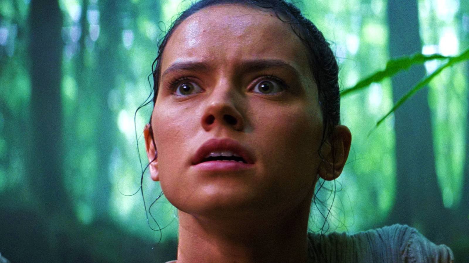 Rey in The Force Awakens looking shocked and a bit scared