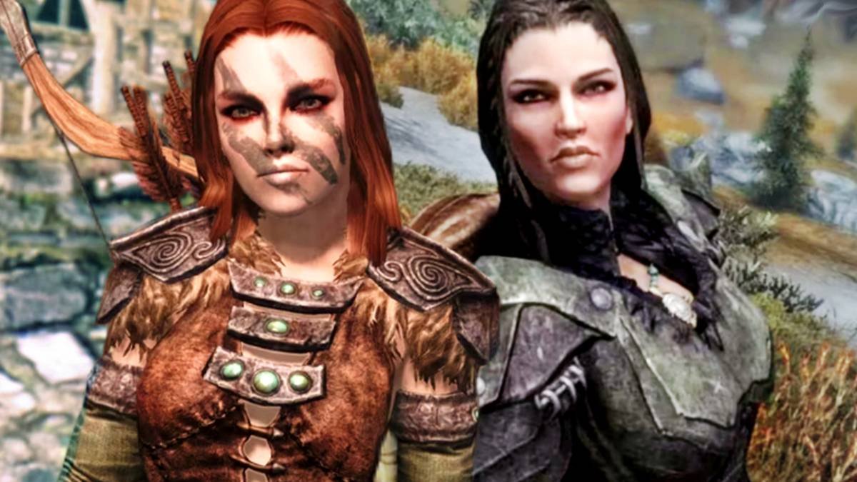 Skyrim's Aela and Lydia side by side in Skyrim.