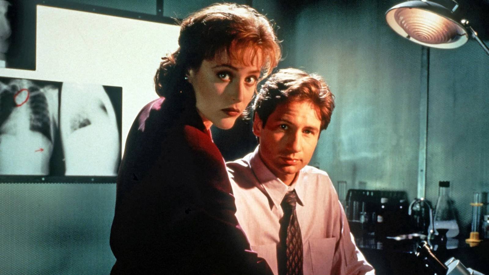 Agents Dana Scully (Gillian Anderson) and Fox Mulder (David Duchovny) in The X-Files.