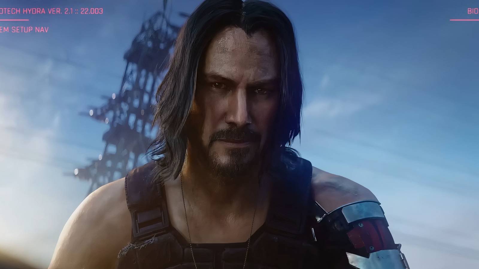 Johnny Silverhand crouching with the sky behind him from the 2019 E3 Cyberpunk 2077 Cinematic Tra...