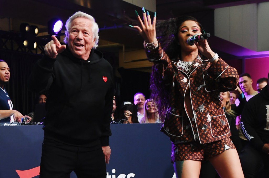 Robert Kraft and Cardi B seen onstage during the Fanatics Super Bowl Party at the College Footbal...
