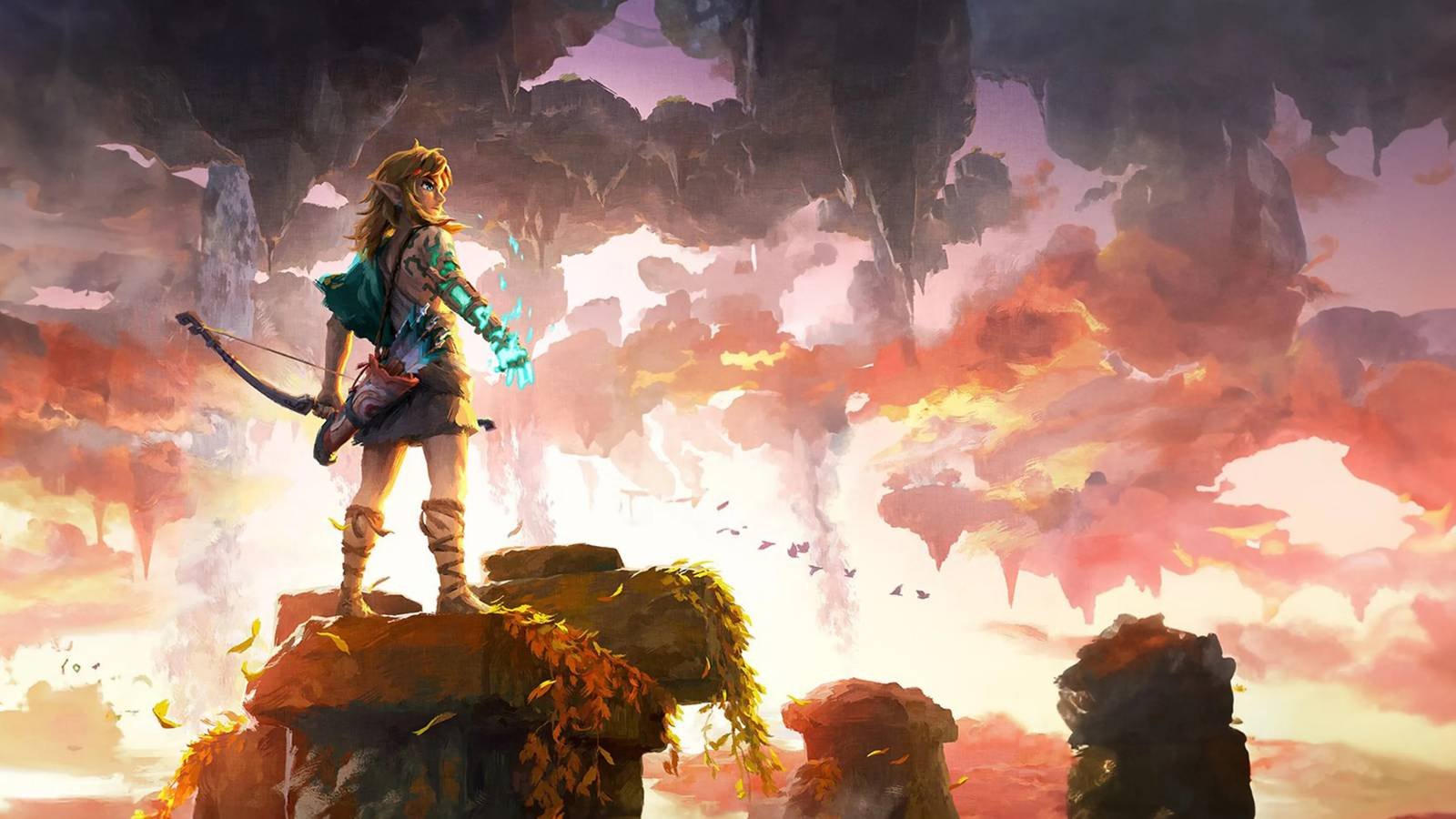Link stands atop a withered monument with a bow in hand, surrounded by Sky Islands in The Legend ...