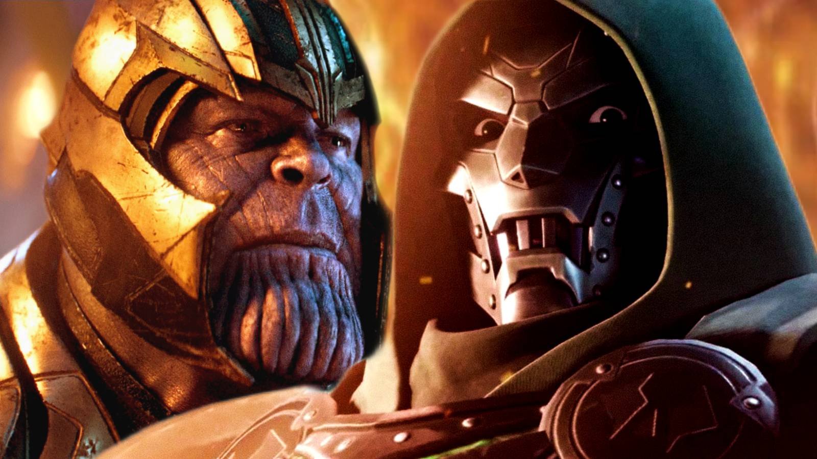 The MCU's Doctor Doom glares at the camera next to Josh Brolin's Thanos on a fiery setting