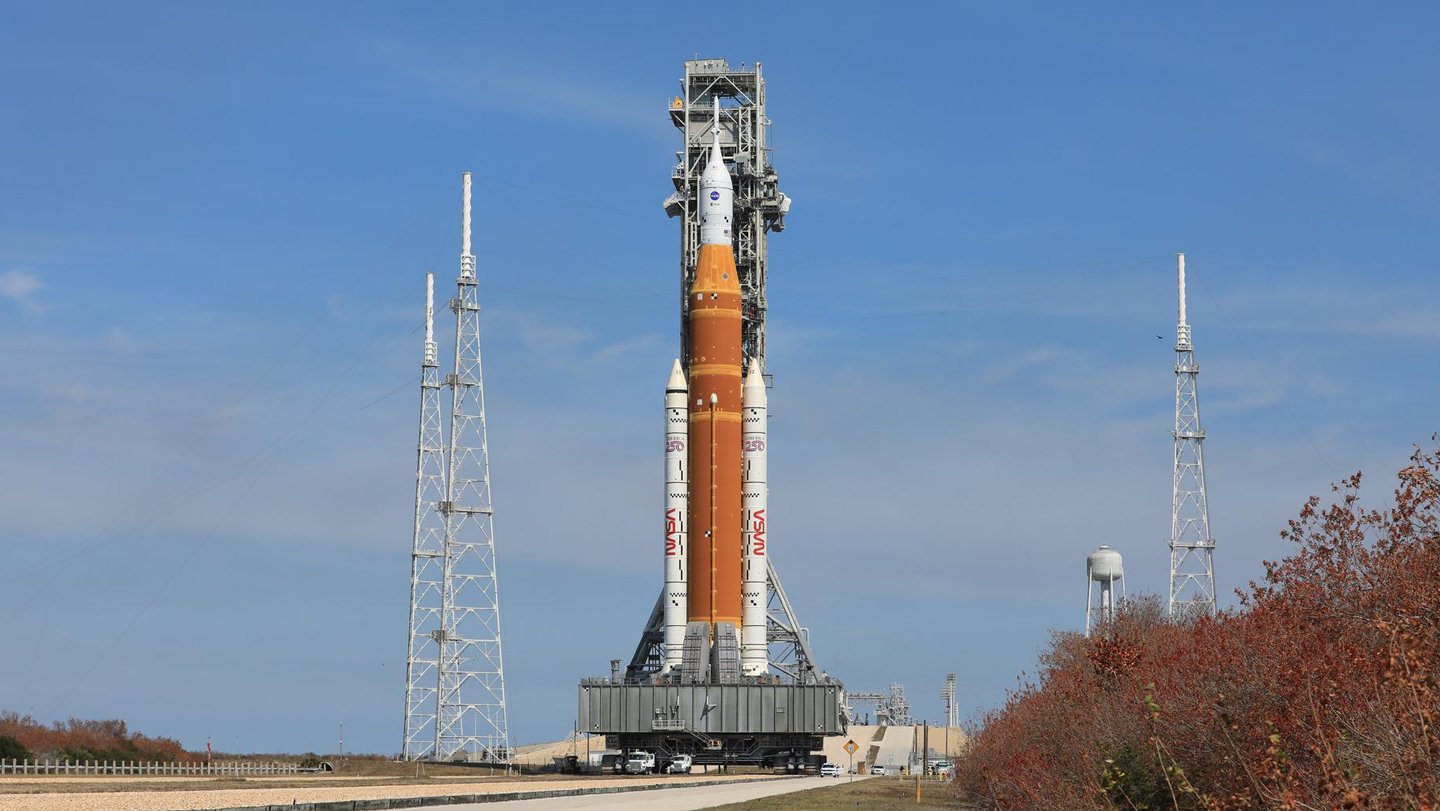 NASA’s Artemis II Space Launch System rocket rolled back into a building at Kennedy Space Cente...