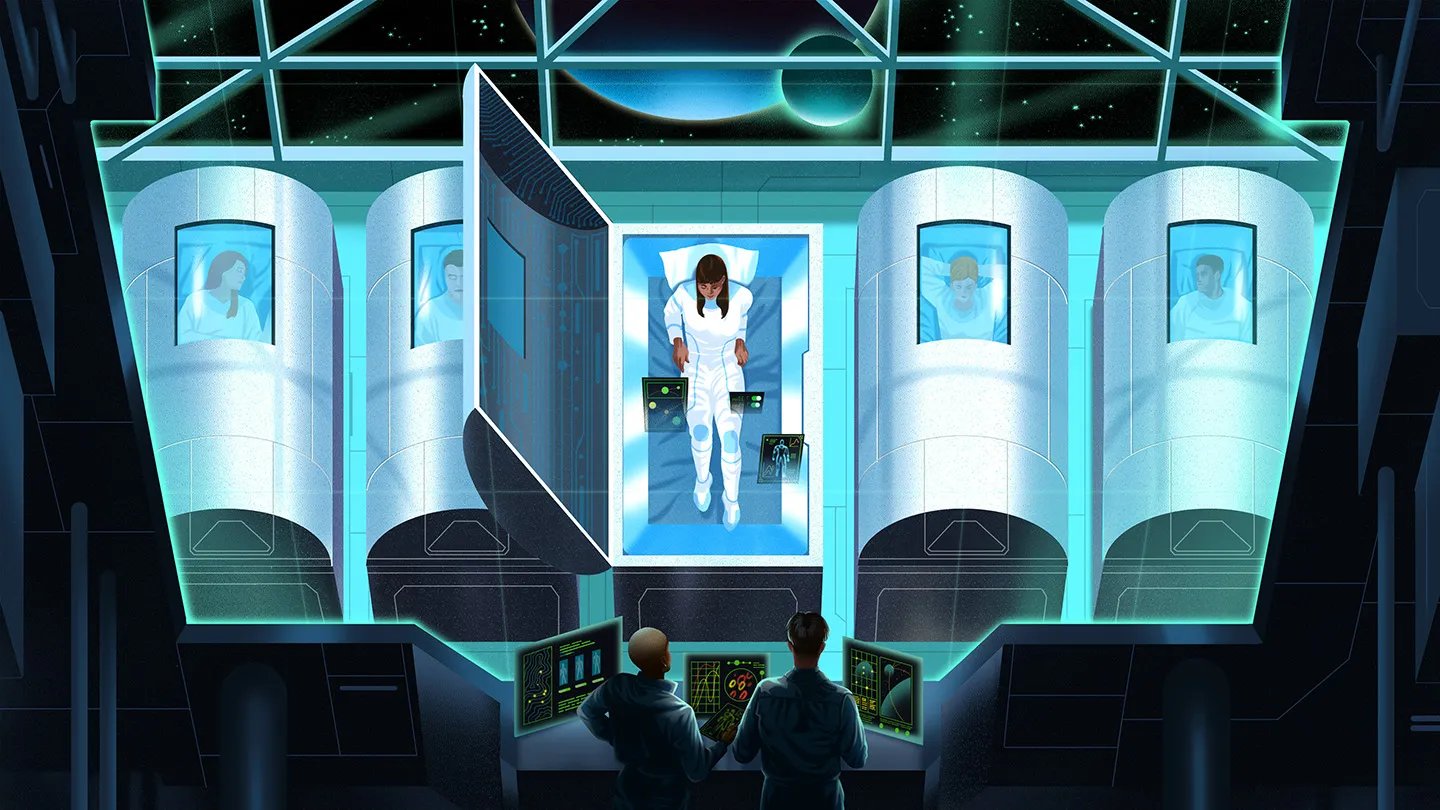 An astronaut emerges from human hibernation (center) while crewmates watch over those still in to...