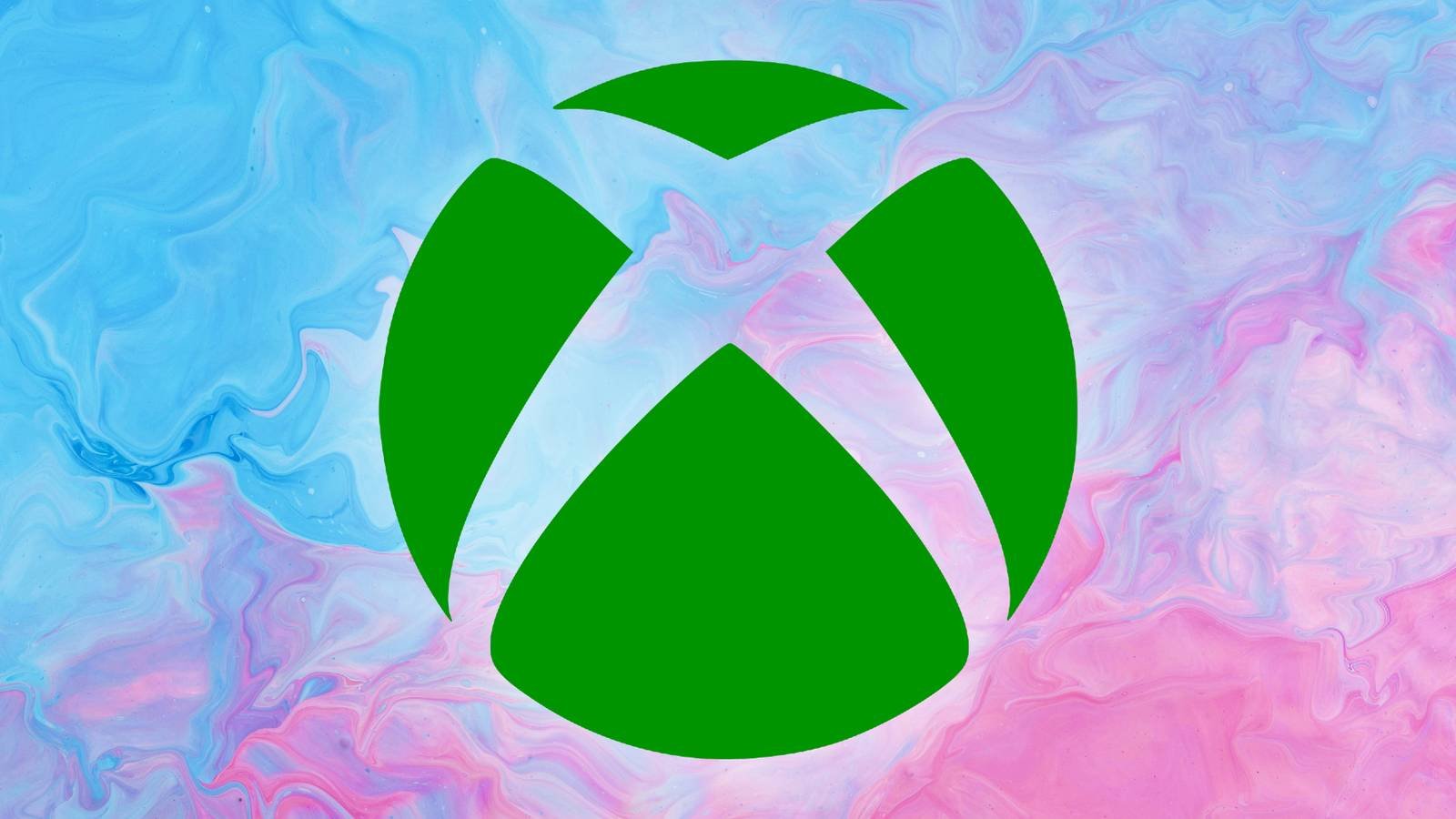 The Xbox logo is superimposed over a light blue and pink background.