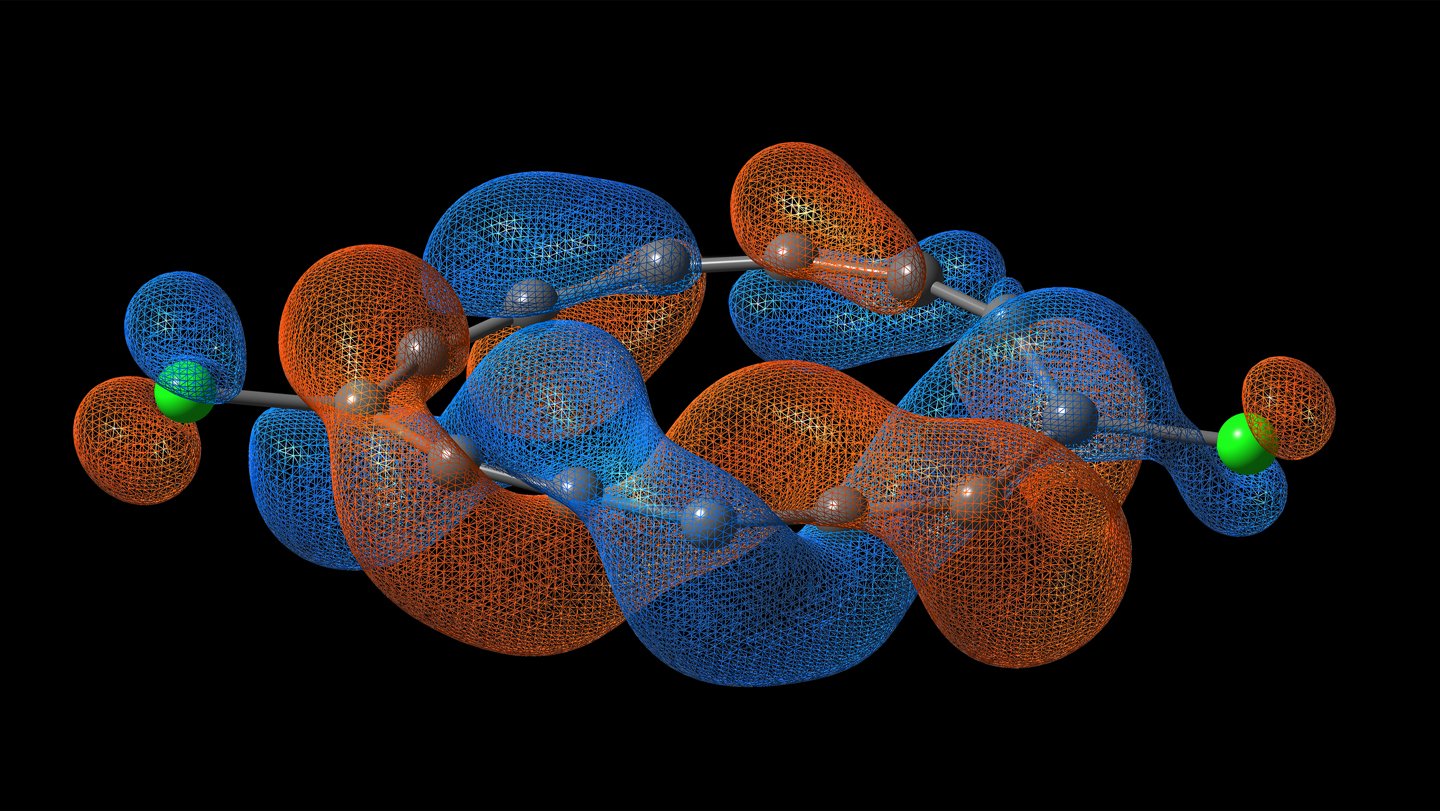 A half-Möbius molecule is made of carbon atoms (gray) and chlorine (green). Red and blue regions...
