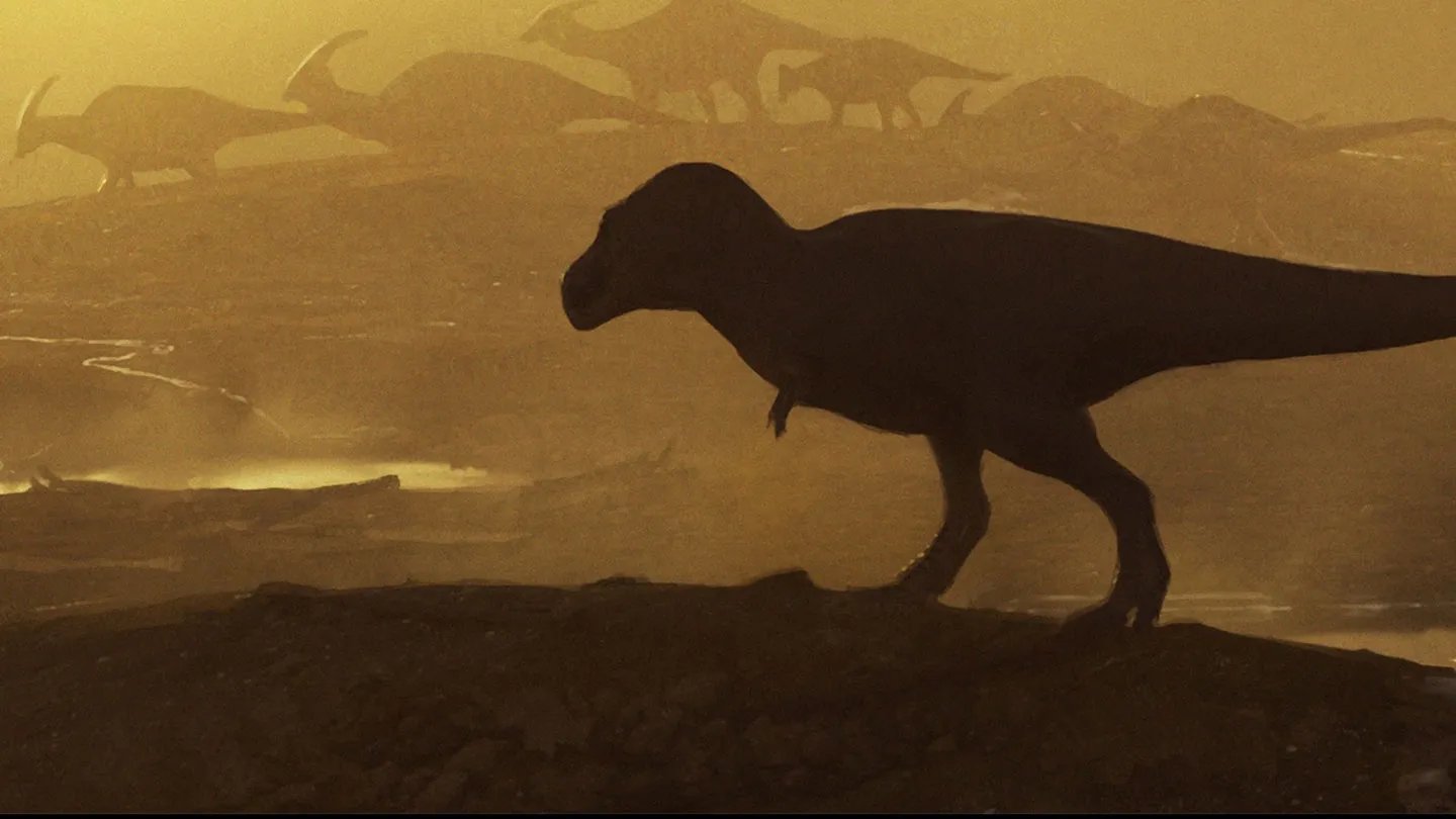 A large tyrannosaur stomps near a herd of duckbill dinosaurs in this artist’s conception of a s...