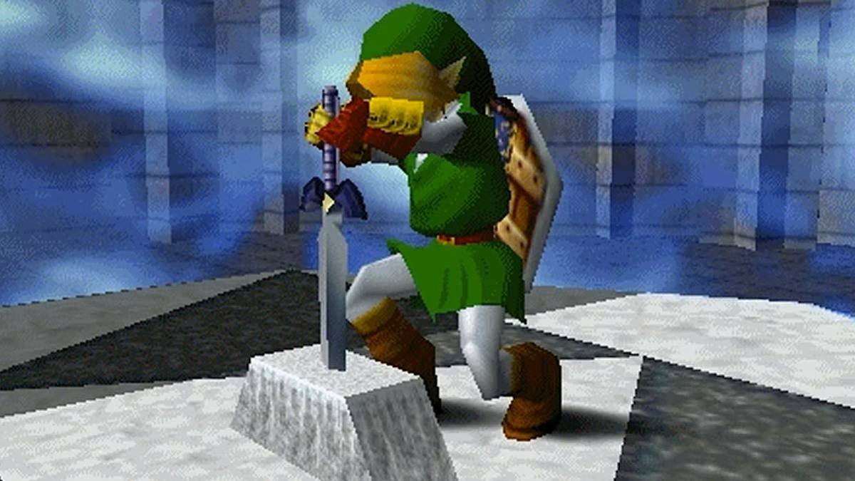 Link pulling out the Master Sword in The Legend of Zelda: Ocarina of Time.