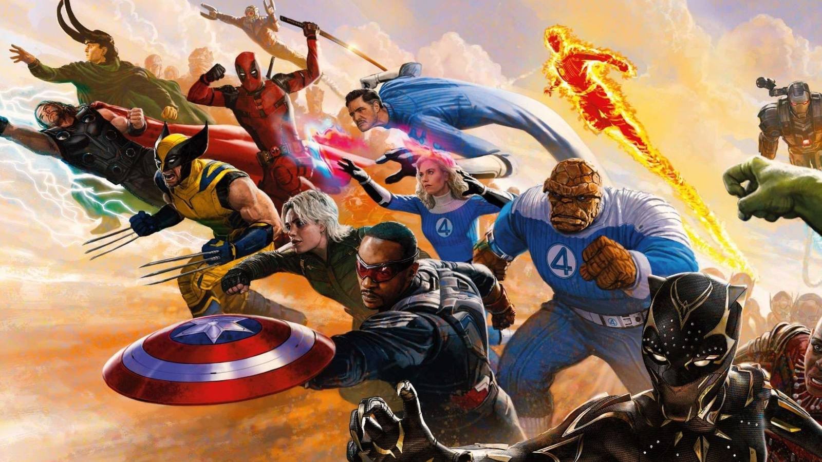 MCU art of Thor, Loki, Wolverine, Deadpool, Star-Lord, Yelena, Captain America, the Fantastic Fou...