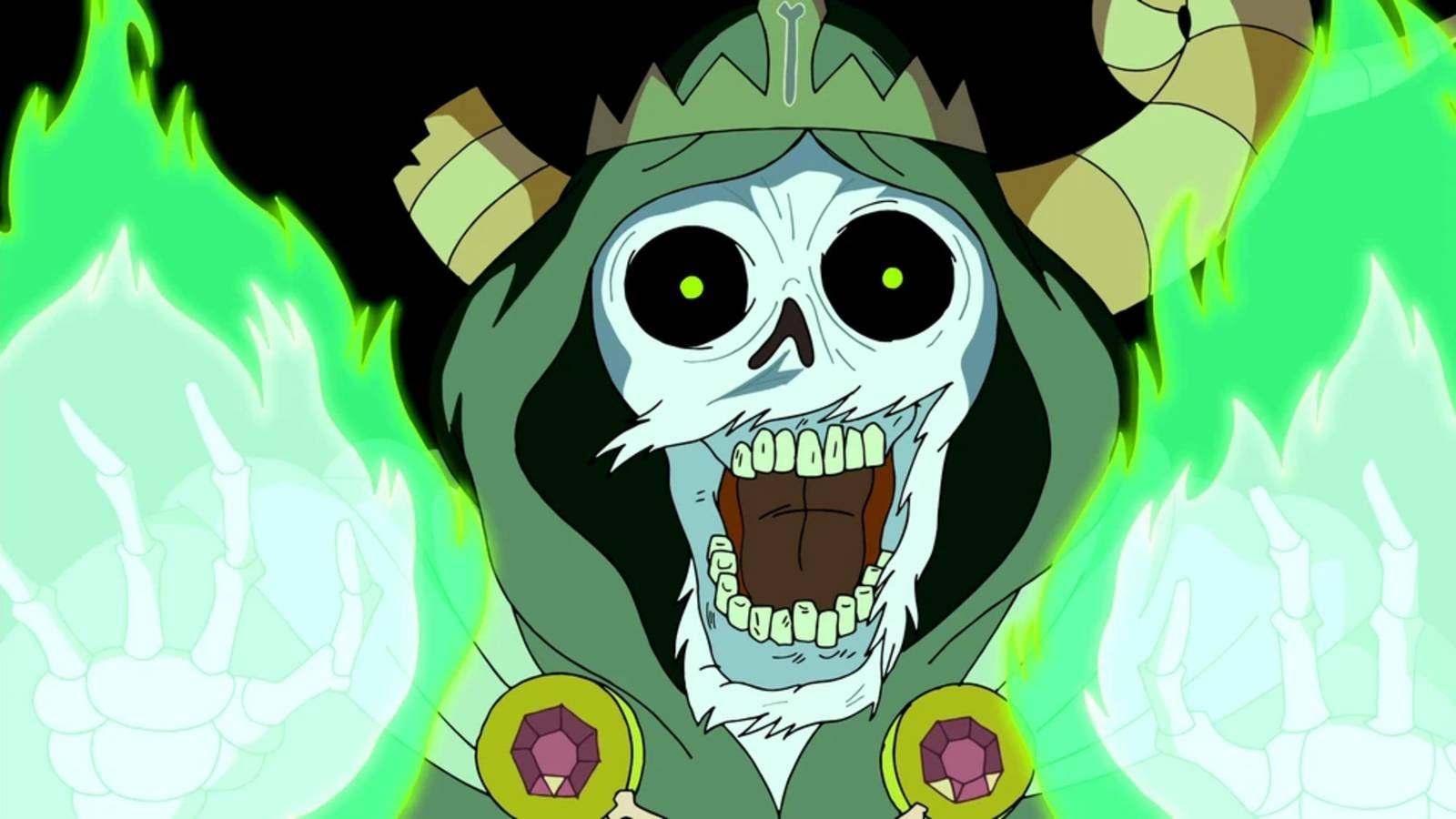 The Lich flanked by green fire in Adventure Time