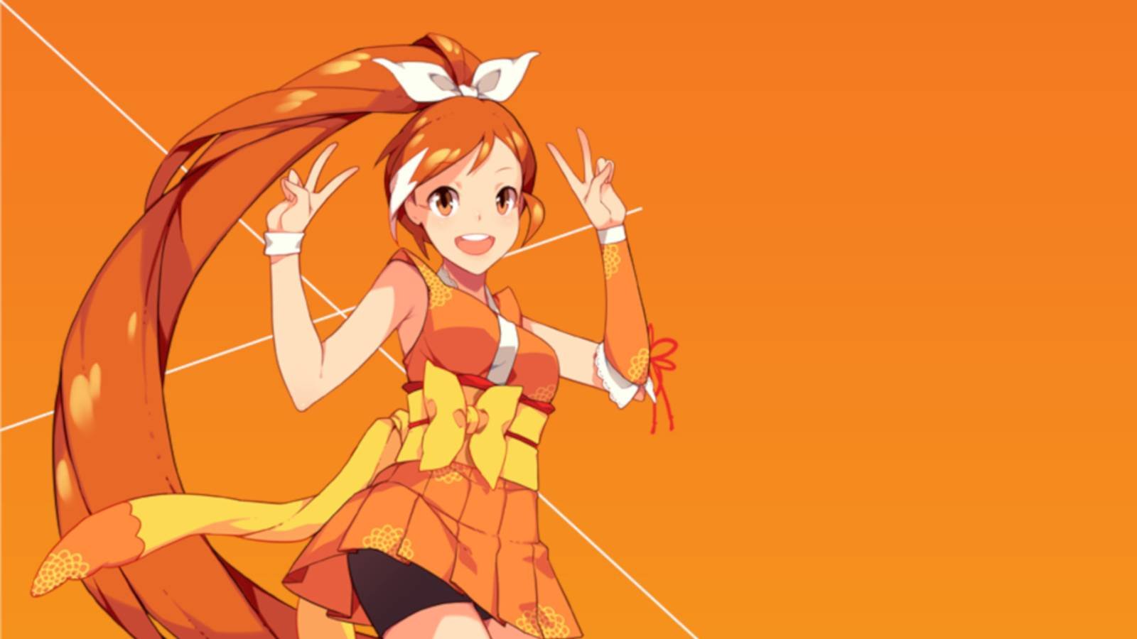 Crunchyroll's Hime smiling and doing a double peace sign in front of an orange background.