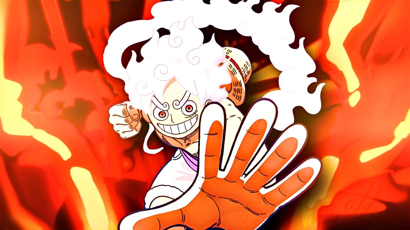 Luffy about to throw a punch in his Gear 5 form with Conqueror's Haki behind him.