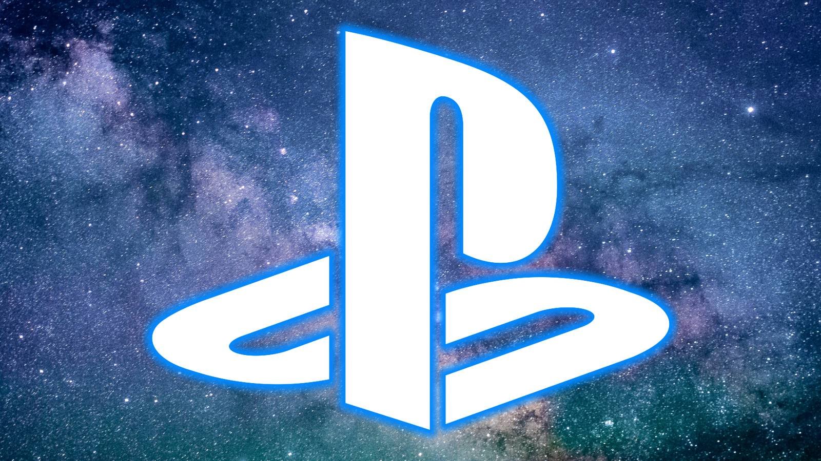 A white PlayStation is superimposed over a blue and purple nebula.