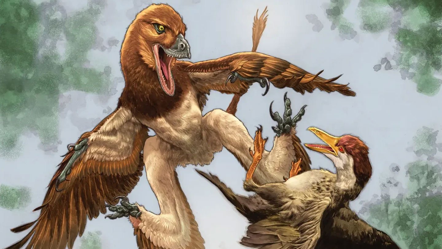 In this illustration, the newly-described dinosaur, Jian changmaensis, ambushes an early Cretaceo...