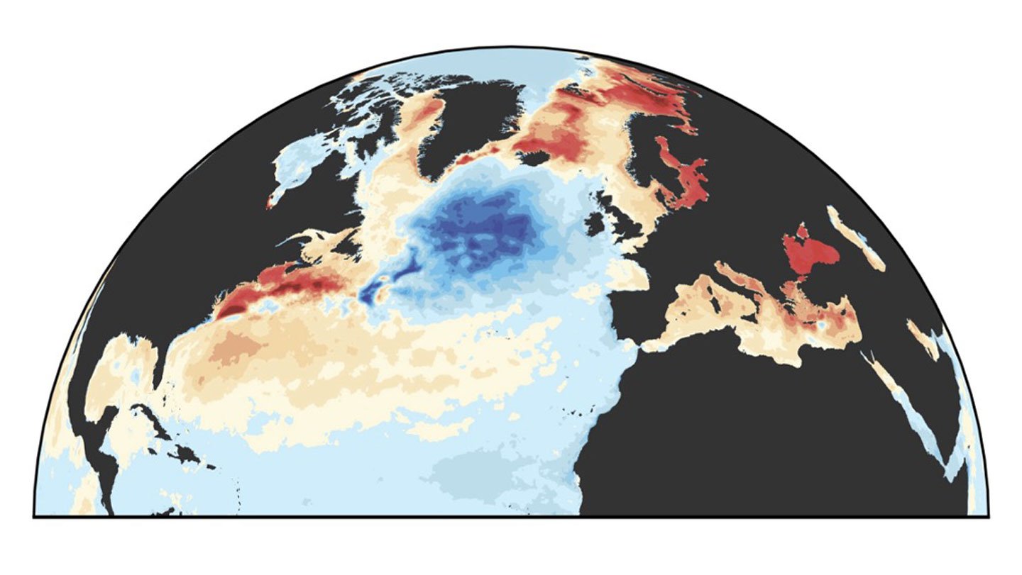 A patch of ocean just south of Greenland and Iceland has gotten colder (shown in dark blue) from ...