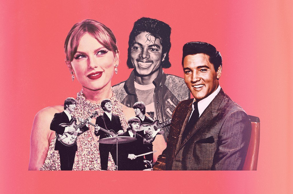 Taylor Swift, The Beatles, Michael Jackson, Elvis. Photos: Gi; Illustration by Lyanne Natividad
