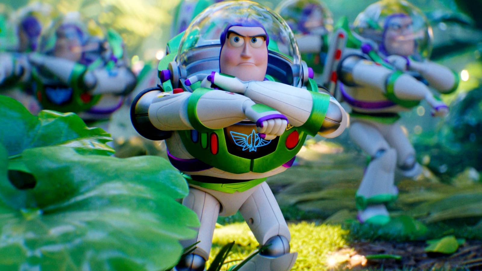 Buzz Lightyear leading a team of Buzzes through a forest in Toy Story 5