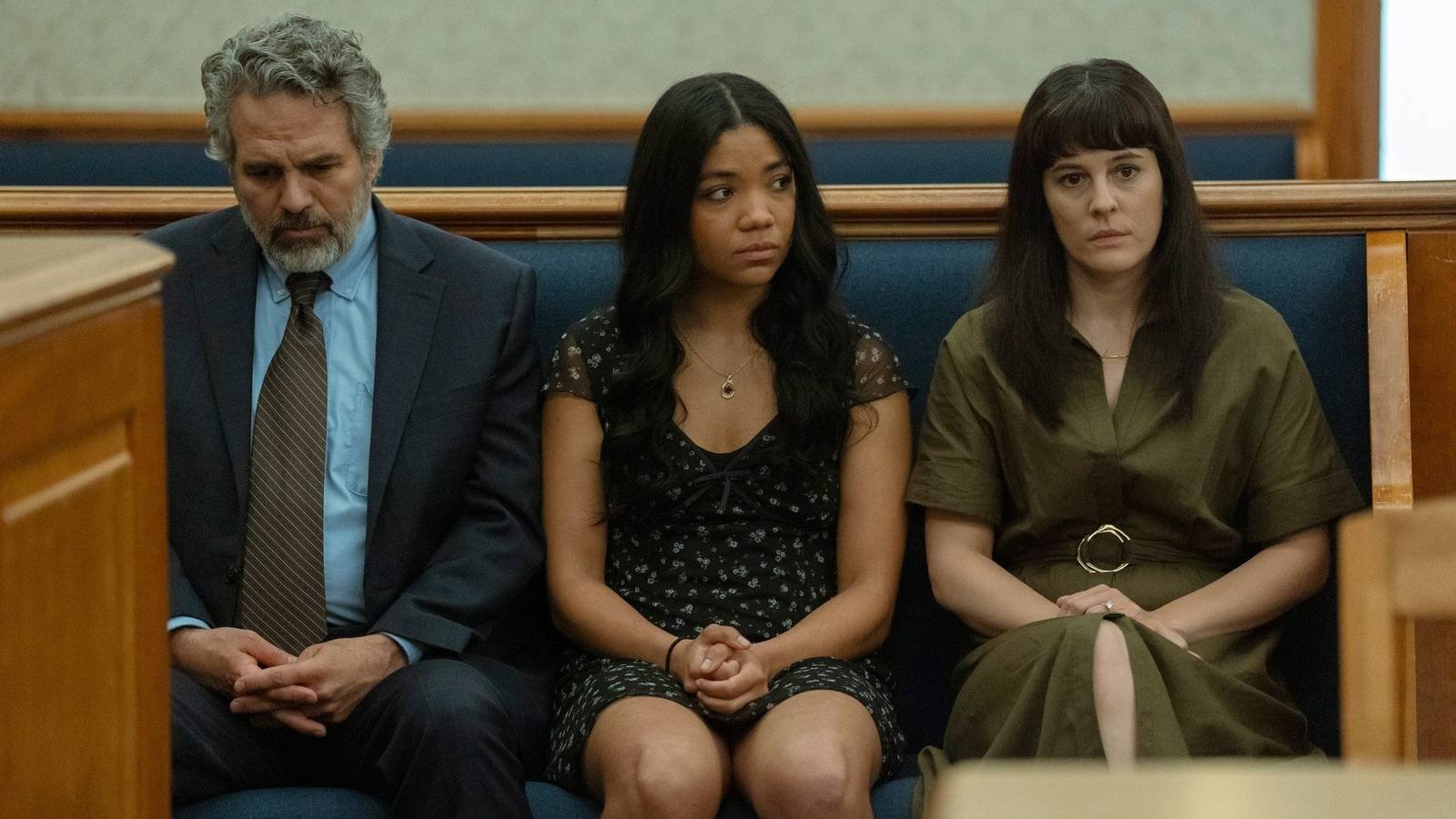 Mark Ruffalo, Phoebe Fox, Silvia Dionicio sitting in court in Task season 1