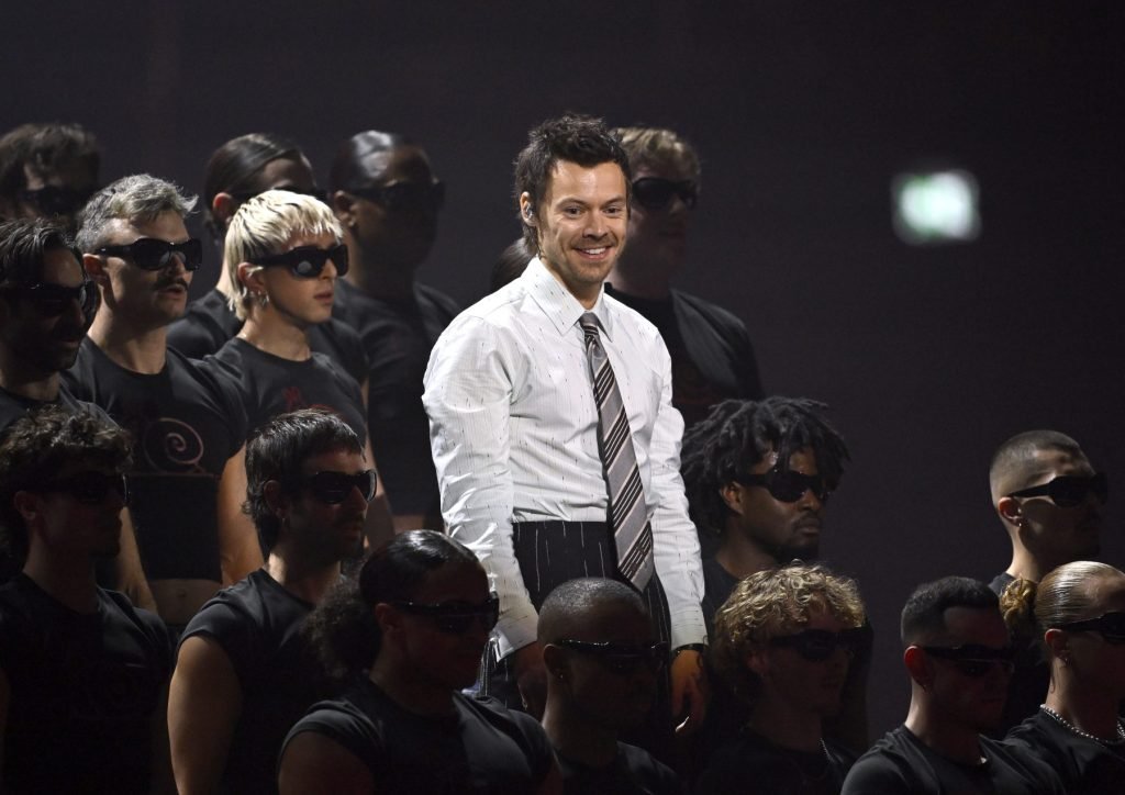 Harry Styles performs 'Aperture' on stage during The BRIT Awards 2026 at Co-op Live on February 2...