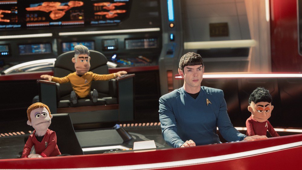 (L-R): Anson Mount as Captain Pike, Ethan Peck as Spock, and Melissa Navia as Erica Ortegas in se...