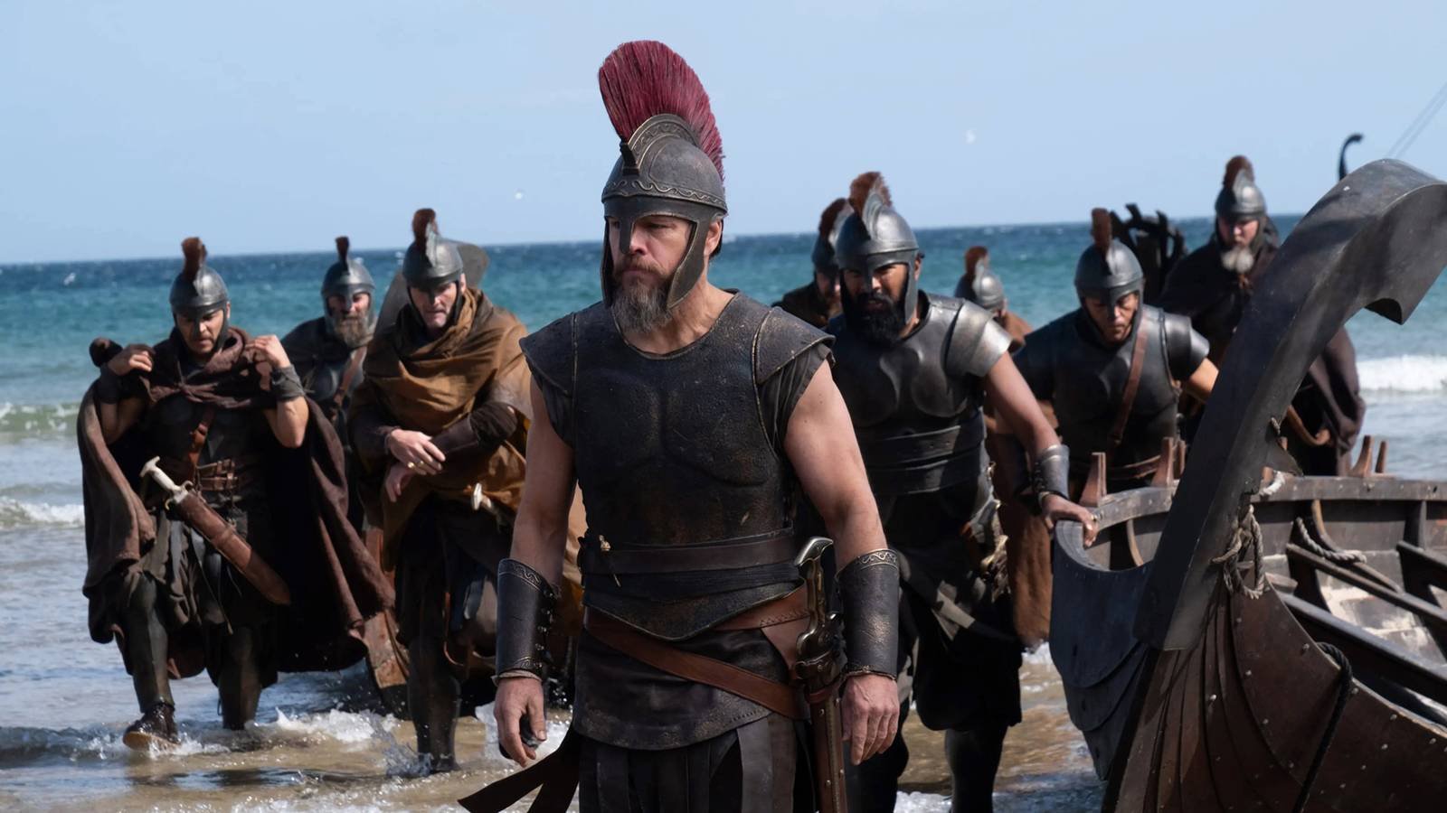 Odysseus and his soldiers getting off a boat in The Odyssey
