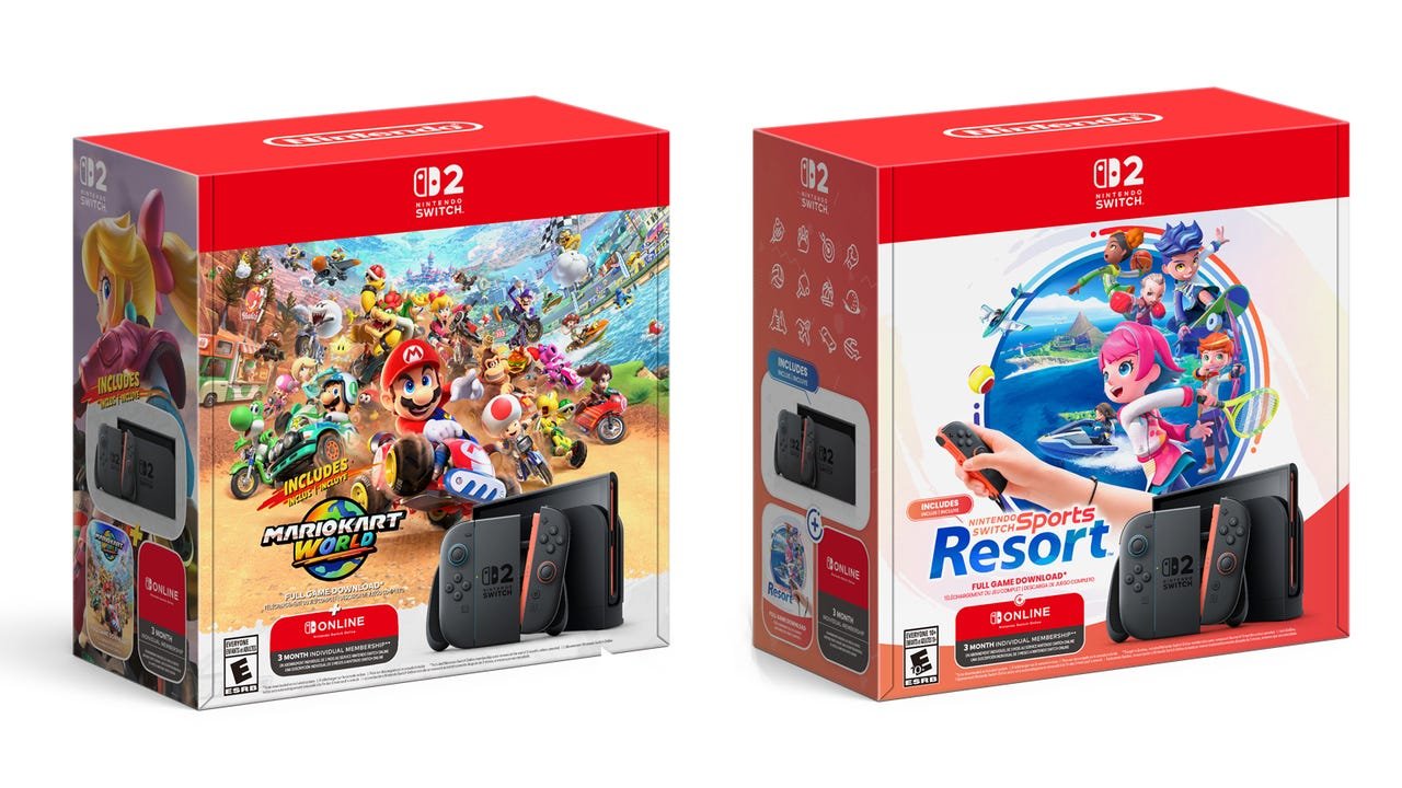 Nintendo Switch 2 bundles featuring Mario Kart World and Nintendo Switch Sports Resort. Image cre...