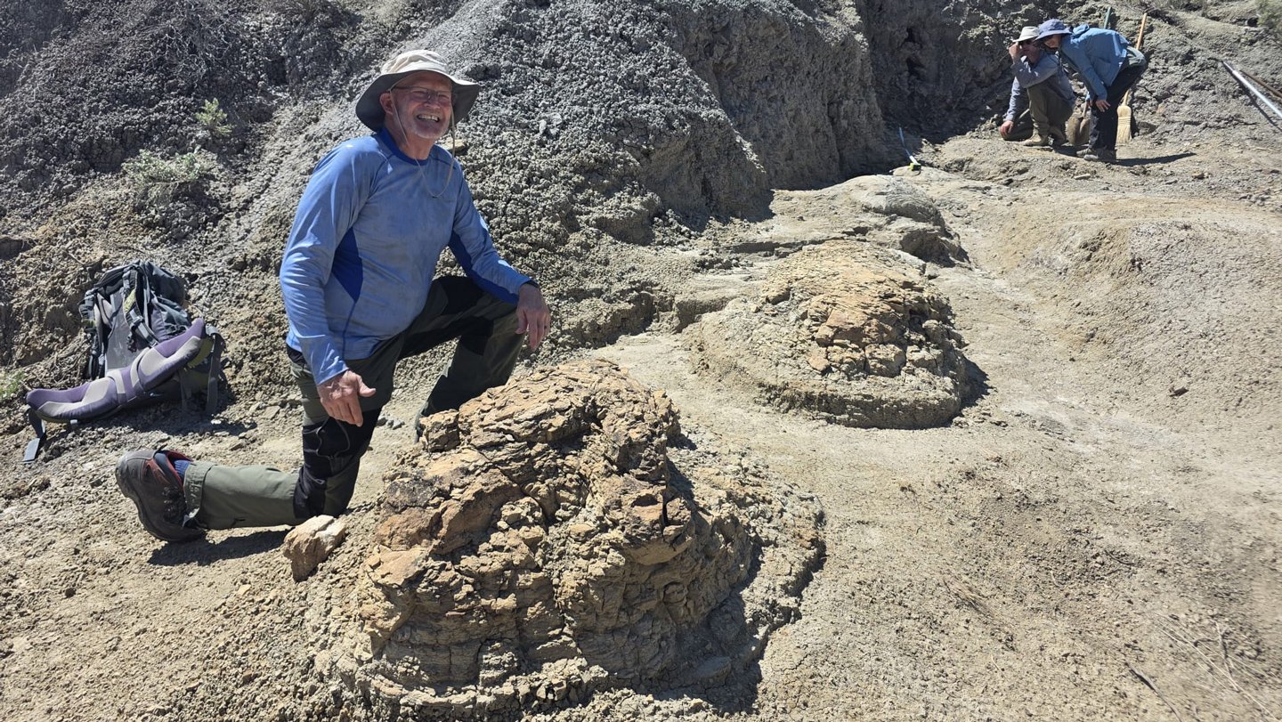 High school teacher and paleontologist Kent Hups poses next to the first Tyrannosaurus rex track ...