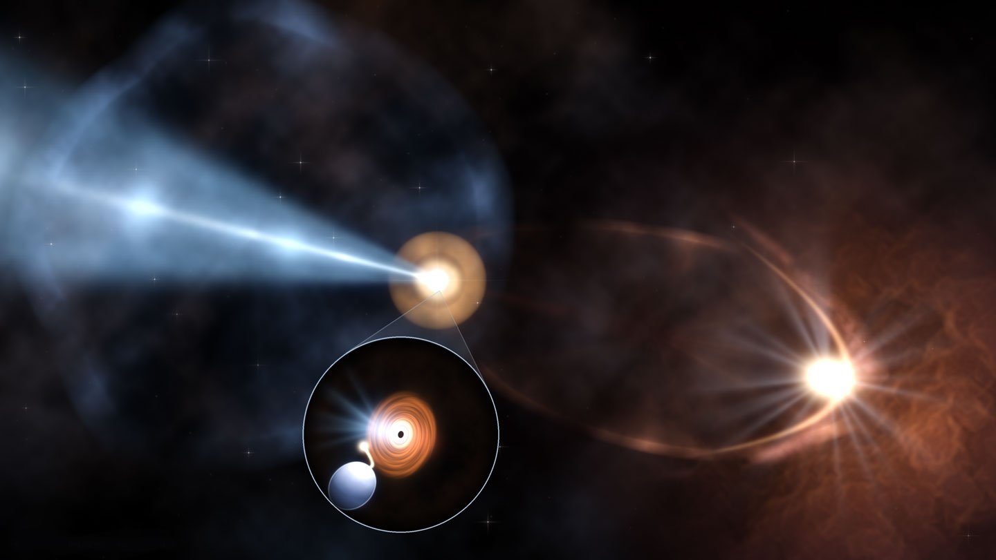 A giant star and stellar-mass black hole orbit each other in this artist’s depiction. The black...