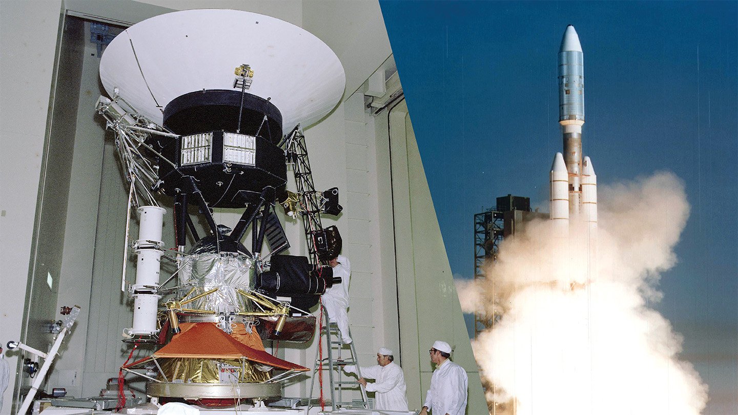 (Left) Engineers test Voyager 1 in a clean room in California in November 1976. (Right) The space...