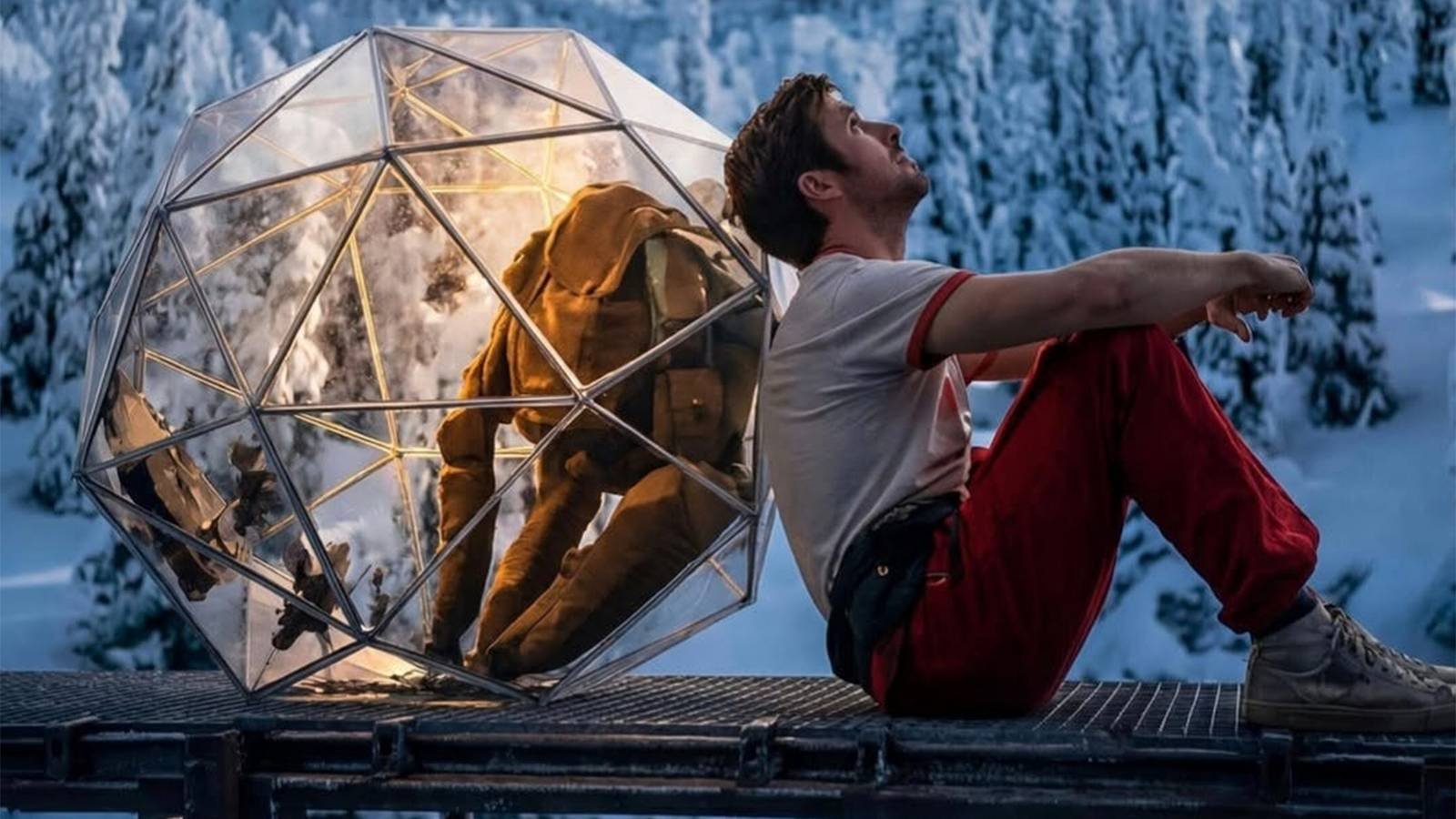 Rocky in ball leaning against Ryland Grace in Project Hail Mary