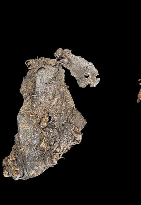 The oldest sewn object (both sides shown, left) consists of two pieces of hide joined at the top ...