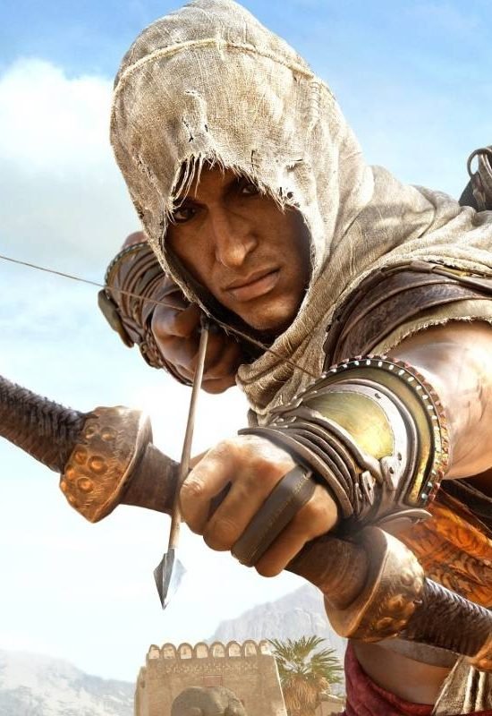 Bayek in Assassin's Creed Origins holding a bow and aiming it at the camera