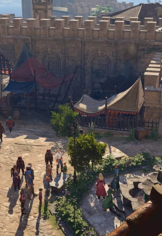 Baldur's Gate 3 Lae'zel Standing On Rooftop And Looking Down At Town Square In Baldur's Gate