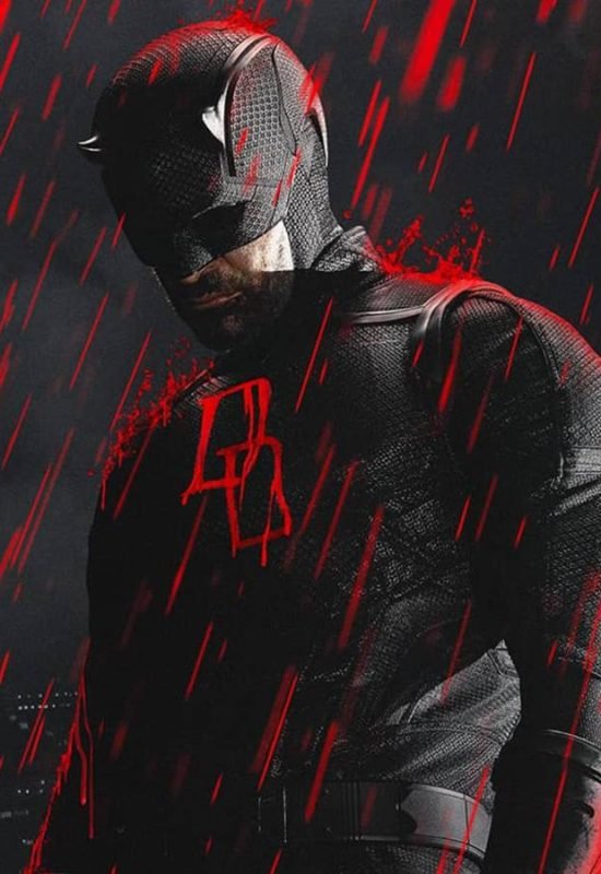 Charlie Cox as Daredevil with his black suit as red rain falls on him in Daredevil: Born Again se...