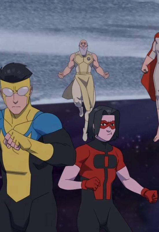 Tech Jacket, Allen, Mark, Thaedus, Oliver, Omni-Man, and Battle Beast preparing for battle in Inv...