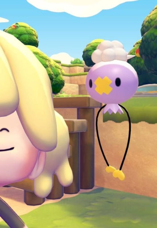 Pokemon Pokopia player character taking a selfie with Drifloon and a Dragonite doll