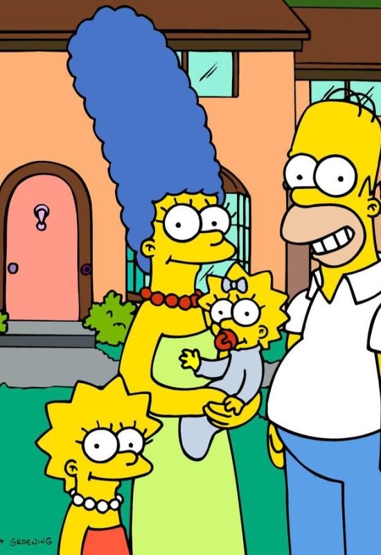 Homer, Marge, Bart, Lisa and Maggie in front of their family home in The Simpsons